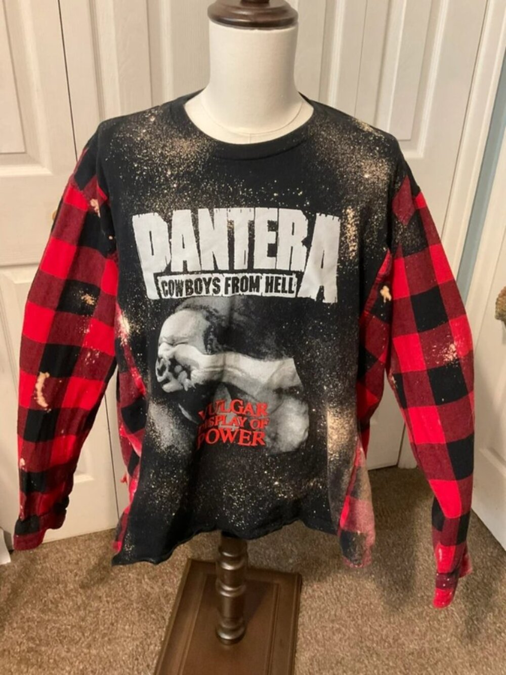 Pantera Upcycled Graphic Bleached T-Shirt with Flannel Sleeves - OSFM